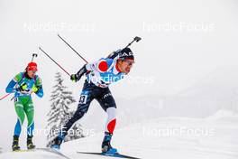 11.12.2021, Hochfilzen, Austria (AUT): Kosuke Ozaki (JPN), Rok Trsan (SLO), (l-r) -  IBU World Cup Biathlon, pursuit men, Hochfilzen (AUT). www.nordicfocus.com. © Manzoni/NordicFocus. Every downloaded picture is fee-liable.
