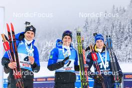 11.12.2021, Hochfilzen, Austria (AUT): Emilien Jacquelin (FRA), Quentin Fillon Maillet (FRA), Sebastian Samuelsson (SWE), (l-r) -  IBU World Cup Biathlon, pursuit men, Hochfilzen (AUT). www.nordicfocus.com. © Manzoni/NordicFocus. Every downloaded picture is fee-liable.