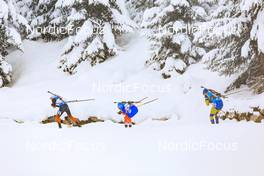 11.12.2021, Hochfilzen, Austria (AUT): Tarjei Boe (NOR), Alexander Loginov (RUS), Sebastian Samuelsson (SWE), (l-r) -  IBU World Cup Biathlon, pursuit men, Hochfilzen (AUT). www.nordicfocus.com. © Manzoni/NordicFocus. Every downloaded picture is fee-liable.