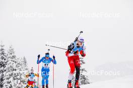 11.12.2021, Hochfilzen, Austria (AUT): Simon Eder (AUT), Tommaso Giacomel (ITA), Florent Claude (BEL), (l-r) -  IBU World Cup Biathlon, pursuit men, Hochfilzen (AUT). www.nordicfocus.com. © Manzoni/NordicFocus. Every downloaded picture is fee-liable.
