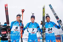 11.12.2021, Hochfilzen, Austria (AUT): Emilien Jacquelin (FRA), Quentin Fillon Maillet (FRA), Simon Desthieux (FRA), (l-r) -  IBU World Cup Biathlon, pursuit men, Hochfilzen (AUT). www.nordicfocus.com. © Manzoni/NordicFocus. Every downloaded picture is fee-liable.