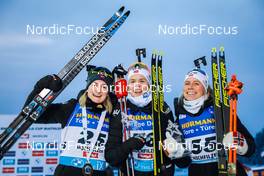 10.12.2021, Hochfilzen, Austria (AUT): Marte Olsbu Roeiseland (NOR), Ida Lien (NOR), Tiril Eckhoff (NOR), (l-r) -  IBU World Cup Biathlon, sprint women, Hochfilzen (AUT). www.nordicfocus.com. © Manzoni/NordicFocus. Every downloaded picture is fee-liable.