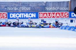 19.12.2021, Annecy-Le Grand Bornand, France (FRA): Quentin Fillon Maillet (FRA), Sebastian Samuelsson (SWE), Emilien Jacquelin (FRA), Vetle Sjaastad Christiansen (NOR), (l-r) -  IBU World Cup Biathlon, mass men, Annecy-Le Grand Bornand (FRA). www.nordicfocus.com. © Manzoni/NordicFocus. Every downloaded picture is fee-liable.
