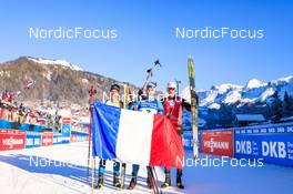 19.12.2021, Annecy-Le Grand Bornand, France (FRA): Quentin Fillon Maillet (FRA), Emilien Jacquelin (FRA), Tarjei Boe (NOR), (l-r) -  IBU World Cup Biathlon, mass men, Annecy-Le Grand Bornand (FRA). www.nordicfocus.com. © Manzoni/NordicFocus. Every downloaded picture is fee-liable.