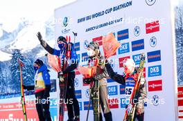 19.12.2021, Annecy-Le Grand Bornand, France (FRA): Quentin Fillon Maillet (FRA), Emilien Jacquelin (FRA), Tarjei Boe (NOR), Felix Leitner (AUT), (l-r) -  IBU World Cup Biathlon, mass men, Annecy-Le Grand Bornand (FRA). www.nordicfocus.com. © Manzoni/NordicFocus. Every downloaded picture is fee-liable.