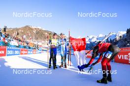 19.12.2021, Annecy-Le Grand Bornand, France (FRA): Quentin Fillon Maillet (FRA), Emilien Jacquelin (FRA), Tarjei Boe (NOR), (l-r) -  IBU World Cup Biathlon, mass men, Annecy-Le Grand Bornand (FRA). www.nordicfocus.com. © Manzoni/NordicFocus. Every downloaded picture is fee-liable.