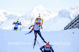 19.12.2021, Annecy-Le Grand Bornand, France (FRA): Vanessa Hinz (GER), Lotte Lie (BEL), Darya Blashko (UKR), (l-r) -  IBU World Cup Biathlon, mass women, Annecy-Le Grand Bornand (FRA). www.nordicfocus.com. © Manzoni/NordicFocus. Every downloaded picture is fee-liable.