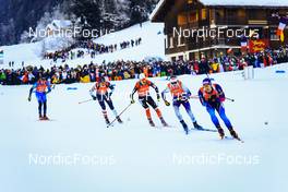 18.12.2021, Annecy-Le Grand Bornand, France (FRA): Fabien Claude (FRA), Paul Schommer (USA), Adam Runnalls (CAN), Tero Seppala (FIN), Martin Jaeger (SUI), (l-r) -  IBU World Cup Biathlon, pursuit men, Annecy-Le Grand Bornand (FRA). www.nordicfocus.com. © Manzoni/NordicFocus. Every downloaded picture is fee-liable.