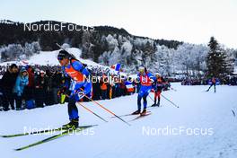 18.12.2021, Annecy-Le Grand Bornand, France (FRA): Quentin Fillon Maillet (FRA), Emilien Jacquelin (FRA), (l-r) -  IBU World Cup Biathlon, pursuit men, Annecy-Le Grand Bornand (FRA). www.nordicfocus.com. © Manzoni/NordicFocus. Every downloaded picture is fee-liable.