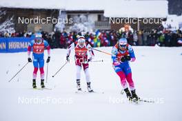 18.12.2021, Annecy-Le Grand Bornand, France (FRA): Said Karimulla Khalili (RUS), Timofei Lapshin (KOR), Alexander Loginov (RUS), (l-r) -  IBU World Cup Biathlon, pursuit men, Annecy-Le Grand Bornand (FRA). www.nordicfocus.com. © Manzoni/NordicFocus. Every downloaded picture is fee-liable.