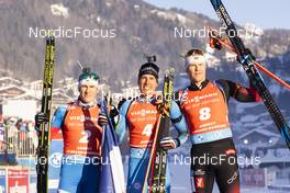 18.12.2021, Annecy-Le Grand Bornand, France (FRA): Eduard Latypov (RUS), Quentin Fillon Maillet (FRA), Vetle Sjaastad Christiansen (NOR), (l-r) -  IBU World Cup Biathlon, pursuit men, Annecy-Le Grand Bornand (FRA). www.nordicfocus.com. © Manzoni/NordicFocus. Every downloaded picture is fee-liable.
