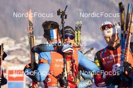 18.12.2021, Annecy-Le Grand Bornand, France (FRA): Quentin Fillon Maillet (FRA), Fabien Claude (FRA), Vetle Sjaastad Christiansen (NOR), (l-r) -  IBU World Cup Biathlon, pursuit men, Annecy-Le Grand Bornand (FRA). www.nordicfocus.com. © Manzoni/NordicFocus. Every downloaded picture is fee-liable.