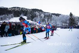 18.12.2021, Annecy-Le Grand Bornand, France (FRA): Quentin Fillon Maillet (FRA), Emilien Jacquelin (FRA), Sturla Holm Laegreid (NOR), (l-r) -  IBU World Cup Biathlon, pursuit men, Annecy-Le Grand Bornand (FRA). www.nordicfocus.com. © Manzoni/NordicFocus. Every downloaded picture is fee-liable.