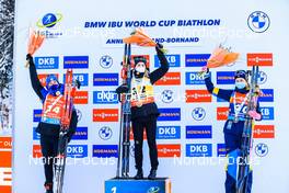 16.12.2021, Annecy-Le Grand Bornand, France (FRA): Anais Bescond (FRA), Marte Olsbu Roeiseland (NOR), Elvira Oeberg (SWE), (l-r) -  IBU World Cup Biathlon, sprint women, Annecy-Le Grand Bornand (FRA). www.nordicfocus.com. © Manzoni/NordicFocus. Every downloaded picture is fee-liable.