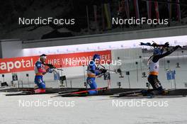 28.12.2021, Ruhpolding, Germany (GER): Matvei Eliseev (RUS), Lukas Hofer (ITA), Erik Lesser (GER), (l-r) - Biathlon World Team Challenge 2021, Ruhpolding (GER). www.nordicfocus.com © Deubert/NordicFocus. Resale or distribution is prohibited.