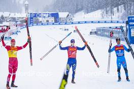 01.01.2021 Val Mustair, Switzerland (SUI): Alexander Bolshunov (RUS), Federico Pellegrino (ITA), Richard Jouve (FRA), (l-r)  - FIS world cup cross-country, tour de ski, individual sprint, Val Mustair (SUI). www.nordicfocus.com. © Modica/NordicFocus. Every downloaded picture is fee-liable.