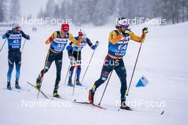 02.01.2021 Val Mustair, Switzerland (SUI): Imanol Rojo (ESP), Florian Notz (GER). Thomas Bing (GER) (l-r) - FIS world cup cross-country, tour de ski, mass men, Val Mustair (SUI). www.nordicfocus.com. © Vianney THIBAUT/NordicFocus. Every downloaded picture is fee-liable.