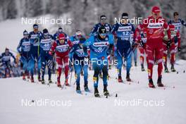 02.01.2021 Val Mustair, Switzerland (SUI): Giandomenico Salvadori (ITA), Candide Pralong (SUI), Evgeniy Belov (RUS), Adrien Backscheider (FRA), Erwan Kaeser (SUI), Lucas Chanavat (FRA), Dario Cologna (SUI) (l-r) - FIS world cup cross-country, tour de ski, mass men, Val Mustair (SUI). www.nordicfocus.com. © Vianney THIBAUT/NordicFocus. Every downloaded picture is fee-liable.
