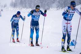 02.01.2021 Val Mustair, Switzerland (SUI): Lauri Lepisto (FIN), Jovian Hediger (SUI), Johan Haeggstroem (SWE) (l-r) - FIS world cup cross-country, tour de ski, mass men, Val Mustair (SUI). www.nordicfocus.com. © Vianney THIBAUT/NordicFocus. Every downloaded picture is fee-liable.