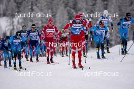 02.01.2021 Val Mustair, Switzerland (SUI): Lucas Chanavat (FRA), Dario Cologna (SUI), Artem Maltsev (RUS), Richard Jouve (FRA), Valentin Chauvin (FRA) (l-r) - FIS world cup cross-country, tour de ski, mass men, Val Mustair (SUI). www.nordicfocus.com. © Vianney THIBAUT/NordicFocus. Every downloaded picture is fee-liable.