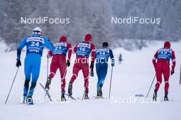 02.01.2021 Val Mustair, Switzerland (SUI): Maurice Manificat (FRA), Alexey Chervotkin (RUS), Evgeniy Belov (RUS), Dario Cologna (SUI), Yvan Yakimushkin (RUS) (l-r) - FIS world cup cross-country, tour de ski, mass men, Val Mustair (SUI). www.nordicfocus.com. © Vianney THIBAUT/NordicFocus. Every downloaded picture is fee-liable.
