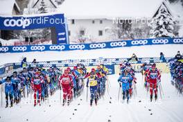 02.01.2021 Val Mustair, Switzerland (SUI): Start of the race (l-r)  - FIS world cup cross-country, tour de ski, mass men, Val Mustair (SUI). www.nordicfocus.com. © Modica/NordicFocus. Every downloaded picture is fee-liable.