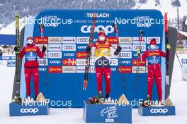 06.01.2021, Toblach, Italy (ITA): Ivan Yakimushkin (RUS), Alexander Bolshunov (RUS), Evgeniy Belov (RUS), (l-r) - FIS world cup cross-country, tour de ski, pursuit men, Toblach (ITA). www.nordicfocus.com. © Vianney THIBAUT/NordicFocus. Every downloaded picture is fee-liable.