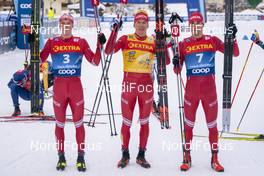 06.01.2021, Toblach, Italy (ITA): Ivan Yakimushkin (RUS), Alexander Bolshunov (RUS), Evgeniy Belov (RUS), (l-r)  - FIS world cup cross-country, tour de ski, pursuit men, Toblach (ITA). www.nordicfocus.com. © Vianney THIBAUT/NordicFocus. Every downloaded picture is fee-liable.