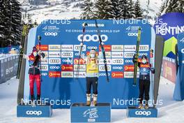 10.01.2021, Val di Fiemme, Italy (ITA): Yulia Stupak (RUS), Jessie Diggins (USA), Ebba Andersson (SWE), (l-r) - FIS world cup cross-country, tour de ski, final climb women, Val di Fiemme (ITA). www.nordicfocus.com. © Modica/NordicFocus. Every downloaded picture is fee-liable.