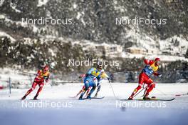 08.01.2021, Val di Fiemme, Italy (ITA): Artem Maltsev (RUS), Richard Jouve (FRA), Alexander Bolshunov (RUS), (l-r)  - FIS world cup cross-country, tour de ski, mass men, Val di Fiemme (ITA). www.nordicfocus.com. © Modica/NordicFocus. Every downloaded picture is fee-liable.