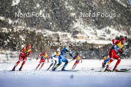 08.01.2021, Val di Fiemme, Italy (ITA): Alexander Bolshunov (RUS), Richard Jouve (FRA), Artem Maltsev (RUS), (l-r)  - FIS world cup cross-country, tour de ski, mass men, Val di Fiemme (ITA). www.nordicfocus.com. © Modica/NordicFocus. Every downloaded picture is fee-liable.