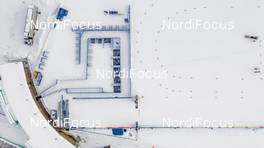 07.01.2021, Val di Fiemme, Italy (ITA): Aerial view of the XC Stadium in Lago di Tesero.   - FIS world cup cross-country, tour de ski, training, Val di Fiemme (ITA). www.nordicfocus.com. © Modica/NordicFocus. Every downloaded picture is fee-liable.