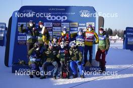 06.02.2021, Ulricehamn, Sweden (SWE): Federico Pellegrino (ITA) celebrates with his team - FIS world cup cross-country, individual sprint, Ulricehamn (SWE). www.nordicfocus.com. © Thibaut/NordicFocus. Every downloaded picture is fee-liable.