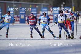 06.02.2021, Ulricehamn, Sweden (SWE): Renaud Jay (FRA), Federico Pellegrino (ITA), Richard Jouve (FRA), Joni Maki (FIN), Sivert Wiig (NOR), (l-r)  - FIS world cup cross-country, individual sprint, Ulricehamn (SWE). www.nordicfocus.com. © Thibaut/NordicFocus. Every downloaded picture is fee-liable.