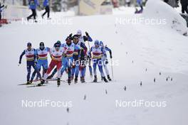 07.02.2021, Ulricehamn, Sweden (SWE): Lucas Chanavat (FRA), Renaud Jay (FRA), Sindre Bjoernestad Skar (NOR), (l-r)  - FIS world cup cross-country, team sprint, Ulricehamn (SWE). www.nordicfocus.com. © Thibaut/NordicFocus. Every downloaded picture is fee-liable.