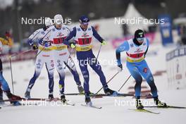 07.02.2021, Ulricehamn, Sweden (SWE): Marcus Grate (SWE), Francesco De Fabiani (ITA), Lucas Chanavat (FRA) - FIS world cup cross-country, team sprint, Ulricehamn (SWE). www.nordicfocus.com. © Thibaut/NordicFocus. Every downloaded picture is fee-liable.