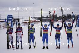 07.02.2021, Ulricehamn, Sweden (SWE): Linn Svahn (SWE), Maja Dahlqvist (SWE), Anamarija Lampic (SLO), Eva Urevc (SLO), Laurien Van Der Graaff (SUI), Nadine Faehndrich (SUI), (l-r)  - FIS world cup cross-country, team sprint, Ulricehamn (SWE). www.nordicfocus.com. © Thibaut/NordicFocus. Every downloaded picture is fee-liable.