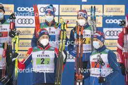 24.01.2021, Lahti Finland (FIN): Emil Iversen (NOR), Simen Hegstad Krueger (NOR), Sjur Roethe (NOR), Paal Golberg (NOR), (l-r) - FIS world cup cross-country, 4x10km men, Lahti (FIN). www.nordicfocus.com. © Vianney THIBAUT/NordicFocus. Every downloaded picture is fee-liable.