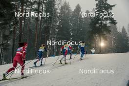 24.01.2021, Lahti Finland (FIN): Jessie Diggins (USA), Therese Johaug (NOR), Emma Ribom (SWE), Kerttu Niskanen (FIN), (l-r), Yana Kirpichenko (RUS), Natalia Nepryaeva (RUS), (l-r)  - FIS world cup cross-country, 4x5km women, Lahti (FIN). www.nordicfocus.com. © Modica/NordicFocus. Every downloaded picture is fee-liable.