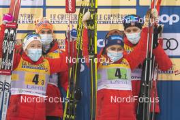24.01.2021, Lahti Finland (FIN): Helene Marie Fossesholm (NOR), Heidi Weng (NOR), Therese Johaug (NOR), Tiril Udnes Weng (NOR), (l-r) - FIS world cup cross-country, 4x5km women, Lahti (FIN). www.nordicfocus.com. © Vianney THIBAUT/NordicFocus. Every downloaded picture is fee-liable.
