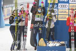 24.01.2021, Lahti Finland (FIN): Charlotte Kalla (SWE), Ebba Andersson (SWE), Emma Ribom (SWE), Lovisa Modig (SWE), (l-r) - FIS world cup cross-country, 4x5km women, Lahti (FIN). www.nordicfocus.com. © Vianney THIBAUT/NordicFocus. Every downloaded picture is fee-liable.