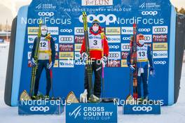 31.01.2021, Falun, Sweden (SWE): Oskar Svensson (SWE), Johannes Hoesflot Klaebo (NOR), Haavard Solaas Taugboel (NOR), (l-r) - FIS world cup cross-country, individual sprint, Falun (SWE). www.nordicfocus.com. © Thibaut/NordicFocus. Every downloaded picture is fee-liable.