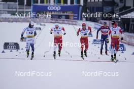31.01.2021, Falun, Sweden (SWE): Oskar Svensson (SWE), Erik Valnes (NOR), Gleb Retivykh (RUS), Federico Pellegrino (ITA), Johannes Hoesflot Klaebo (NOR), (l-r)  - FIS world cup cross-country, individual sprint, Falun (SWE). www.nordicfocus.com. © Thibaut/NordicFocus. Every downloaded picture is fee-liable.