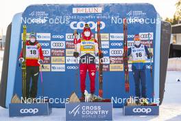 30.01.2021, Falun, Sweden (SWE): Johannes Hoesflot Klaebo (NOR), Alexander Bolshunov (RUS), Paal Golberg (NOR), (l-r) - FIS world cup cross-country, 15km men, Falun (SWE). www.nordicfocus.com. © Thibaut/NordicFocus. Every downloaded picture is fee-liable.