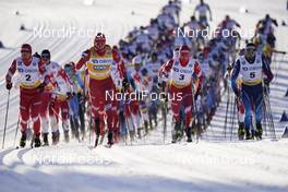 30.01.2021, Falun, Sweden (SWE): Ivan Yakimushkin (RUS), Alexander Bolshunov (RUS), Denis Spitsov (RUS), Dario Cologna (SUI), (l-r)  - FIS world cup cross-country, 15km men, Falun (SWE). www.nordicfocus.com. © Thibaut/NordicFocus. Every downloaded picture is fee-liable.