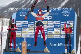 13.03.2021, Engadin, Switzerland (SUI): Ivan Yakimushkin (RUS), Alexander Bolshunov (RUS), Paal Golberg (NOR), (l-r) - FIS world cup cross-country, cups, Engadin (SUI). www.nordicfocus.com. © Modica/NordicFocus. Every downloaded picture is fee-liable.