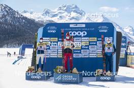 13.03.2021, Engadin, Switzerland (SUI): Johannes Hoesflot Klaebo (NOR), Alexander Bolshunov (RUS), Paal Golberg (NOR), (l-r) - FIS world cup cross-country, mass men, Engadin (SUI). www.nordicfocus.com. © Modica/NordicFocus. Every downloaded picture is fee-liable.
