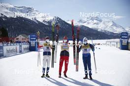 13.03.2021, Engadin, Switzerland (SUI): Johannes Hoesflot Klaebo (NOR), Alexander Bolshunov (RUS), Paal Golberg (NOR), (l-r)  - FIS world cup cross-country, mass men, Engadin (SUI). www.nordicfocus.com. © Modica/NordicFocus. Every downloaded picture is fee-liable.