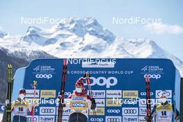 13.03.2021, Engadin, Switzerland (SUI): Johannes Hoesflot Klaebo (NOR), Alexander Bolshunov (RUS), Paal Golberg (NOR), (l-r) - FIS world cup cross-country, mass men, Engadin (SUI). www.nordicfocus.com. © Modica/NordicFocus. Every downloaded picture is fee-liable.