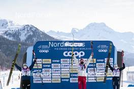 13.03.2021, Engadin, Switzerland (SUI): Heidi Weng (NOR), Yulia Stupak (RUS), Ebba Andersson (SWE), (l-r) - FIS world cup cross-country, mass women, Engadin (SUI). www.nordicfocus.com. © Modica/NordicFocus. Every downloaded picture is fee-liable.